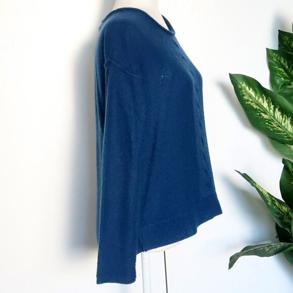 360 Cashmere Blue Cable & Open Knit Long Sleeve Boat Neck Sweater Pullover Small - Picture 6 of 12